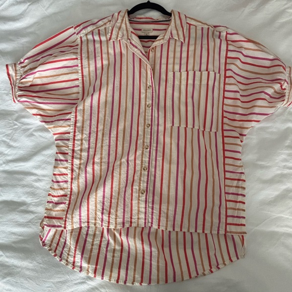 Anthropologie Pilcro Striped Button Down Shirt | Pink Tan Cotton Oversized Top - Picture 2 of 3
